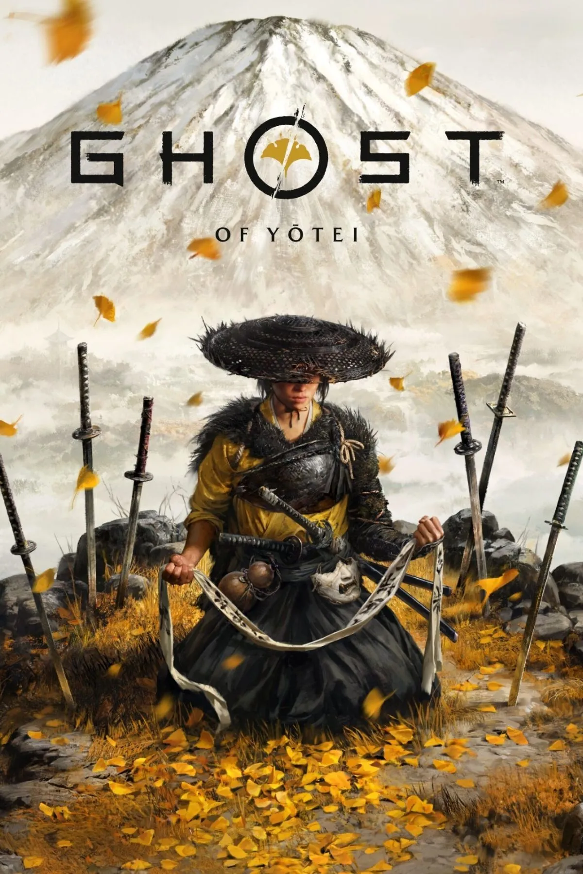 Hình ảnh quảng bá Ghost of Yotei thể hiện logo game và phong cách đồ họa ấn tượng, gợi mở về bối cảnh Nhật Bản cổ đại.