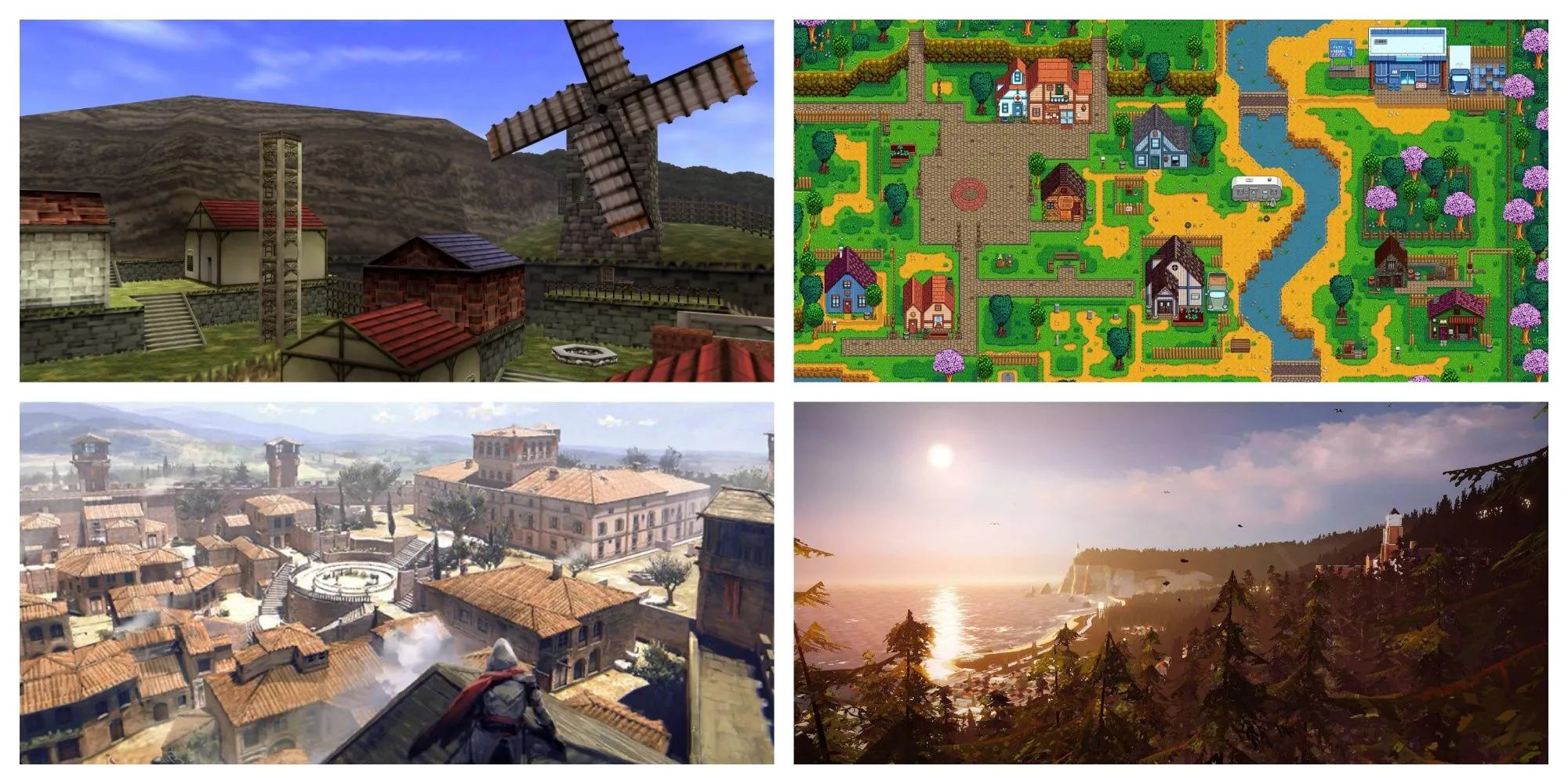 Hình ảnh tổng hợp các thị trấn biểu tượng trong game, bao gồm Kakariko Village, Pelican Town và Monteriggioni, gợi nhớ đến các địa điểm đáng nhớ như Silent Hill.