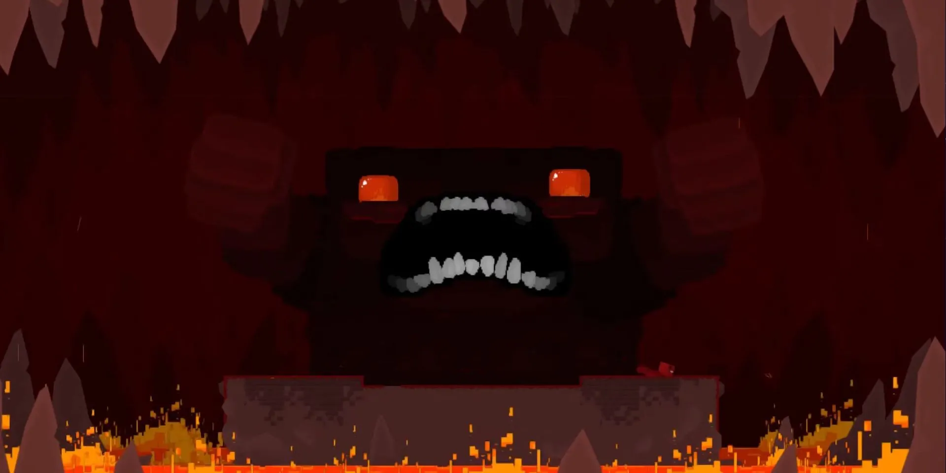 Hình ảnh trận chiến Little Horn trong Super Meat Boy, với Meat Boy chạy trốn khỏi các đòn tấn công