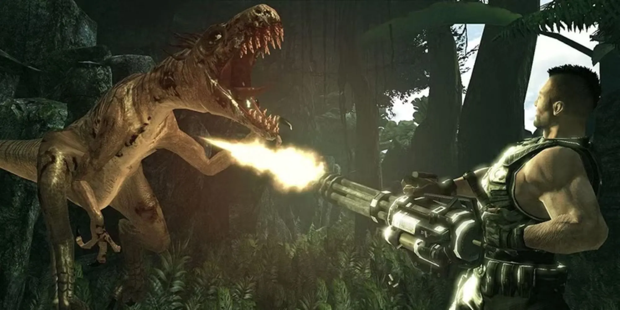 Hình ảnh Turok chiến đấu với khủng long trong phiên bản reboot năm 2008