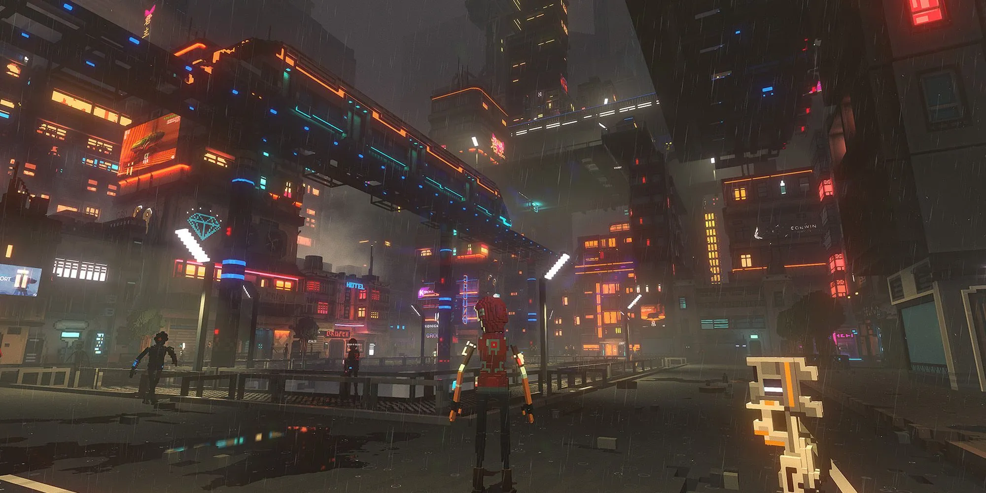 Hình ảnh xe bay trong thành phố cyberpunk của game Cloudpunk