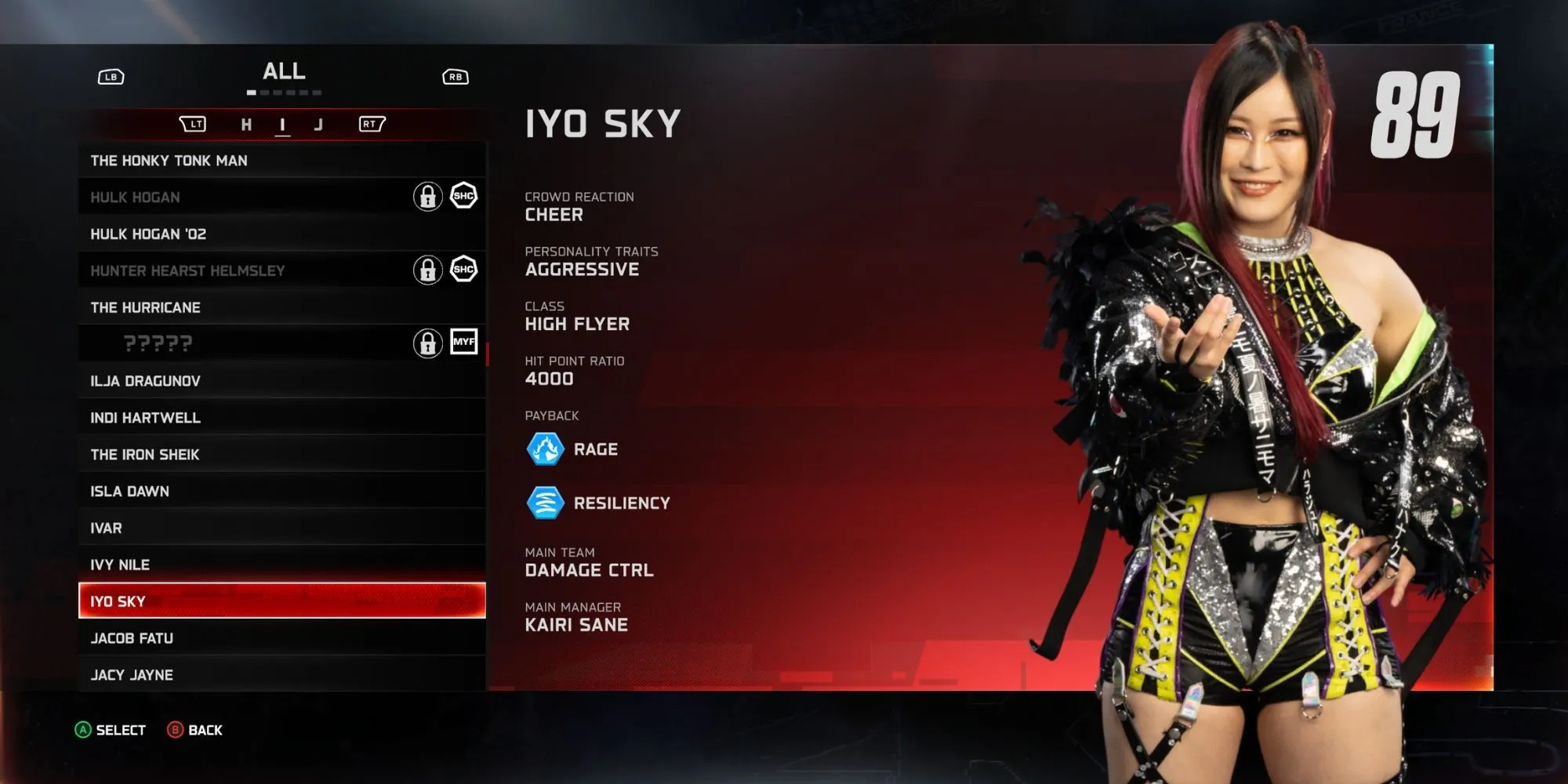 Iyo Sky tung đòn từ trên cao, đại diện cho phong cách High Flyer trong WWE 2K25