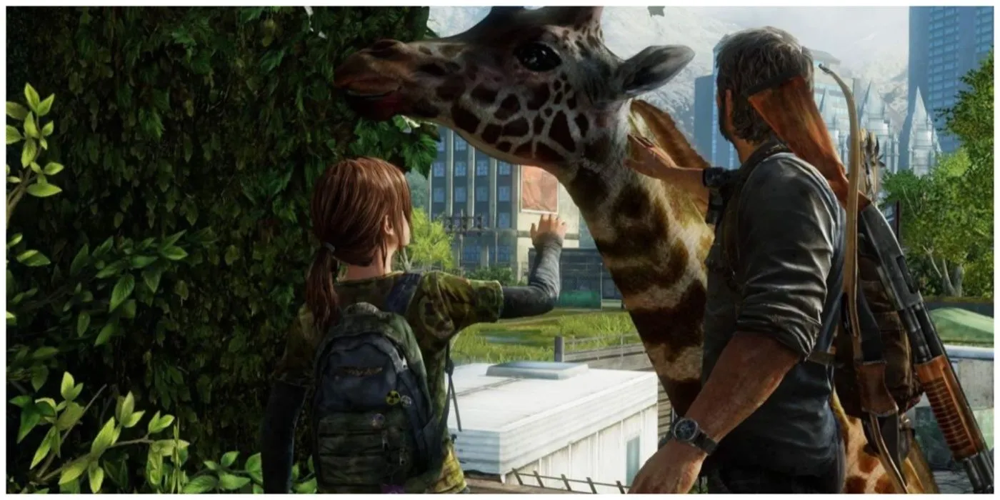 Khoảnh khắc bình yên khi Joel và Ellie ngắm nhìn đàn hươu cao cổ trong The Last of Us Part 1.
