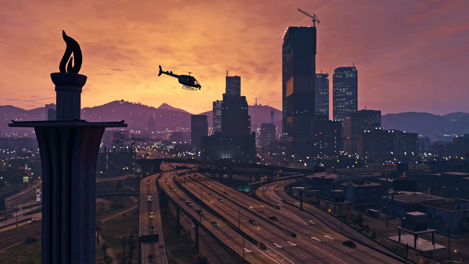 Khung cảnh hoàng hôn trên bầu trời Los Santos trong Grand Theft Auto V