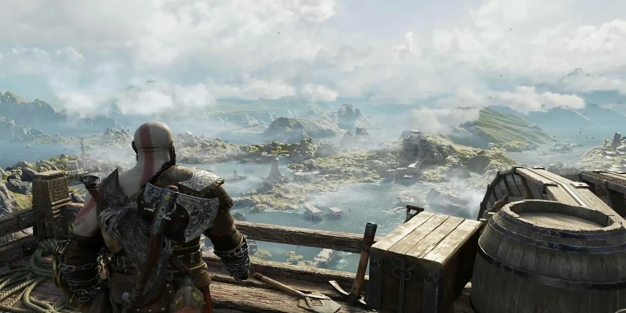 Kratos nhìn xuống một cõi từ trên cao trong God of War Ragnarok