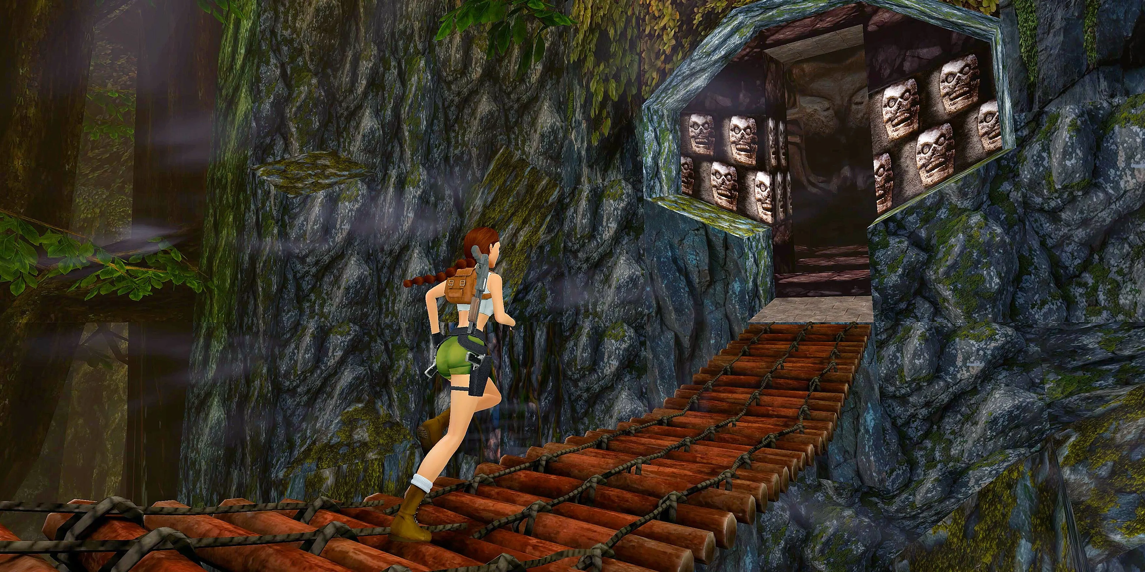 Lara Croft chạy dọc theo cây cầu trong Tomb Raider I-III Remastered