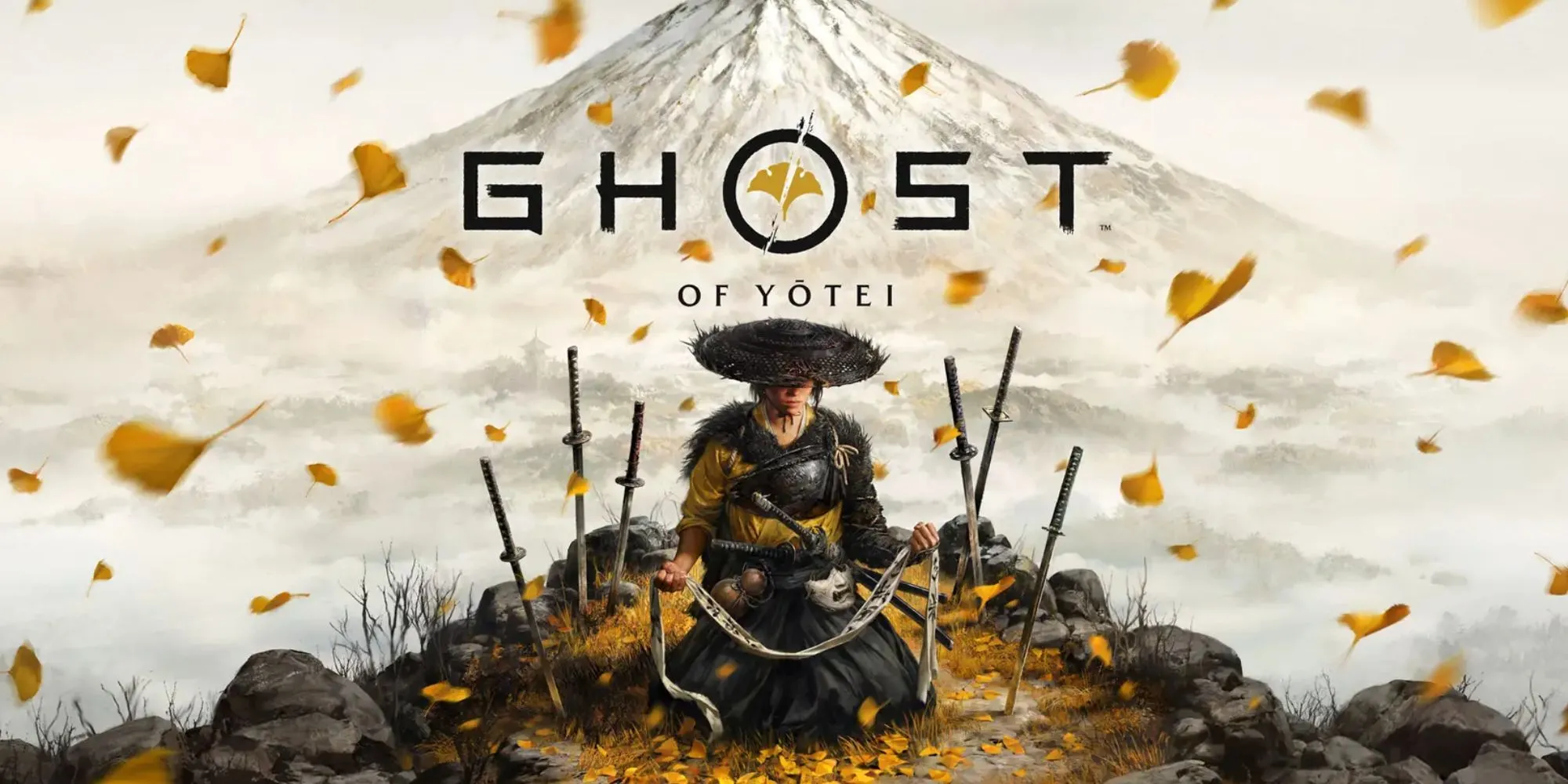 Logo game Ghost of Yotei với biểu tượng núi Phú Sĩ và nhân vật chính Atsu