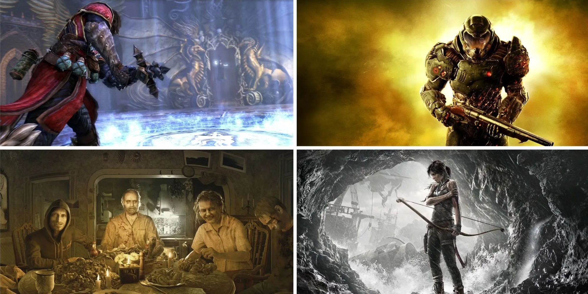 Một ảnh ghép các tựa game reboot thành công: Castlevania: Lords of Shadow, DOOM (2016), Resident Evil 7: Biohazard, và Tomb Raider (2013)