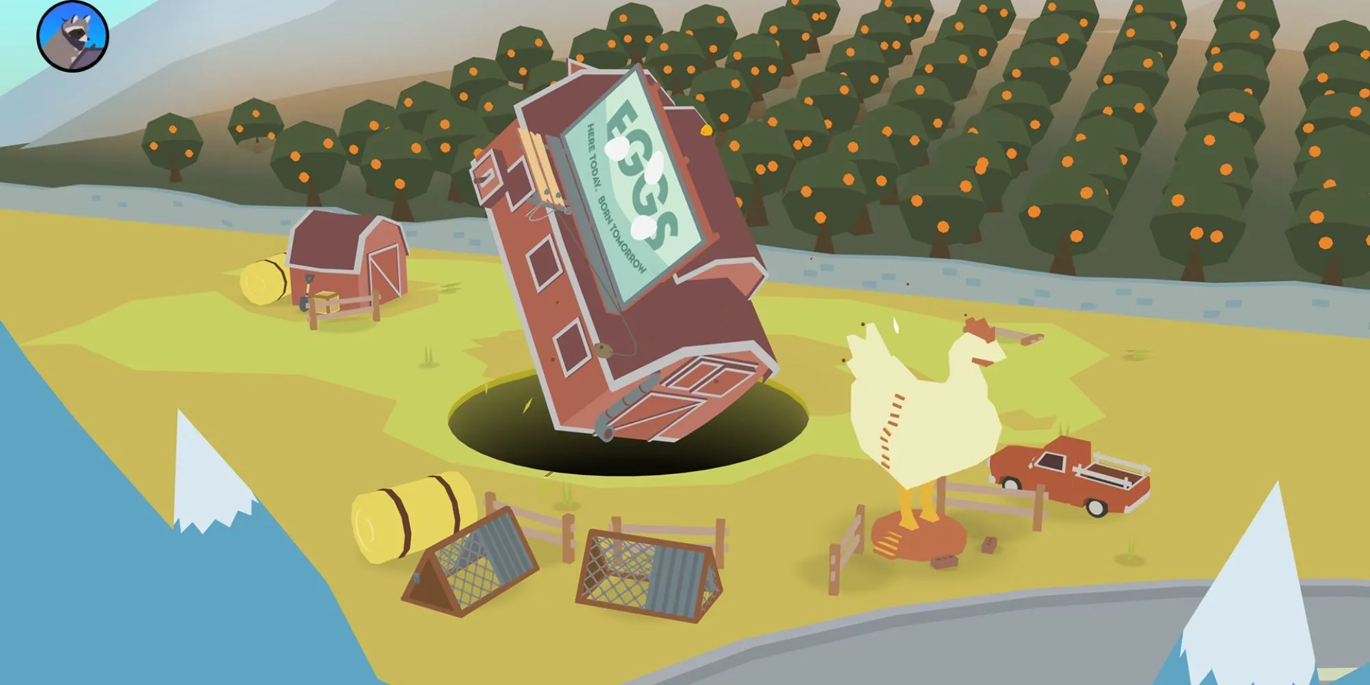 Một cái hố màu đỏ dưới đất đang nuốt chửng các vật thể trong game Donut County
