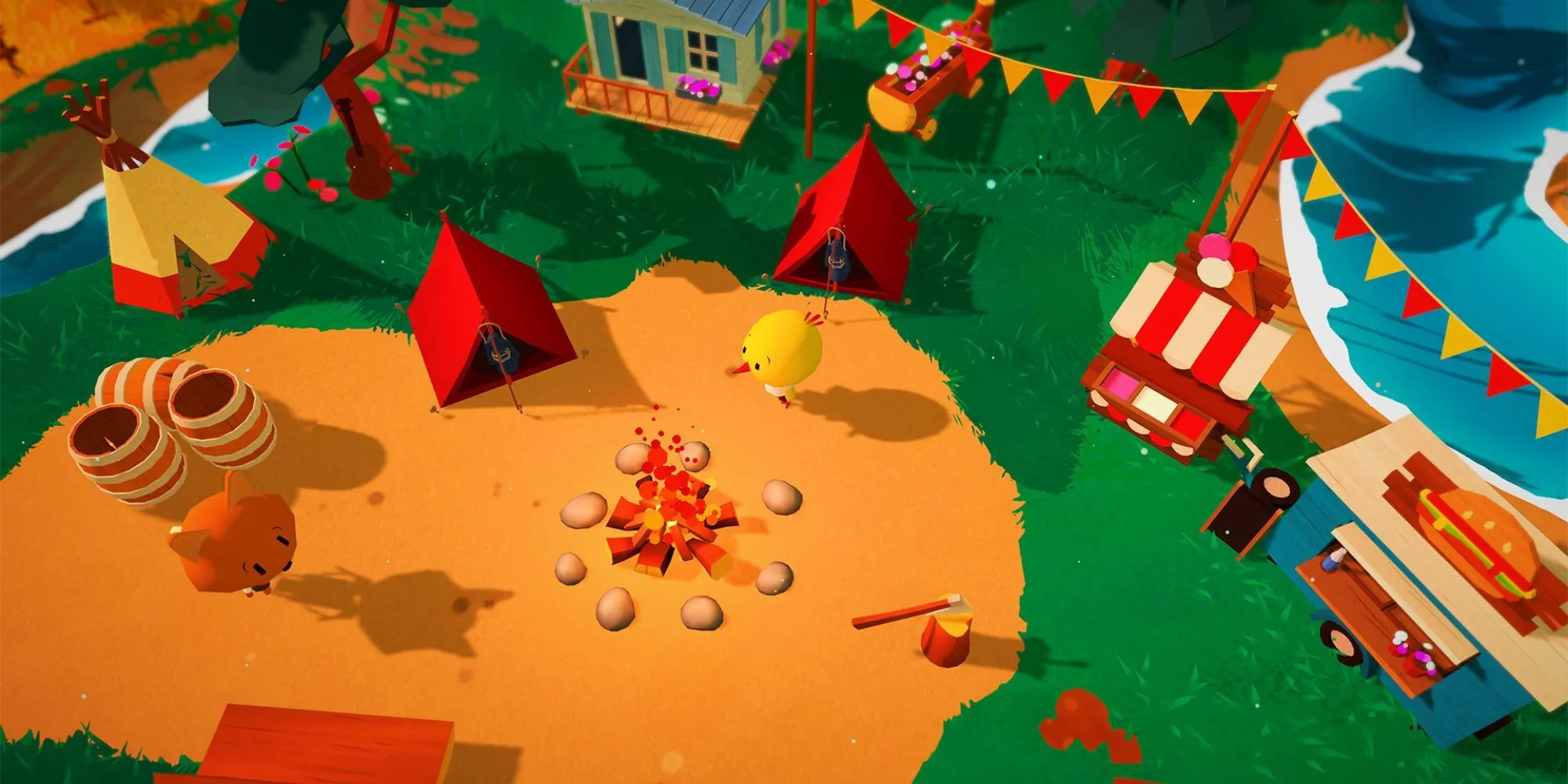 Một chú chim nhỏ đứng trên cầu gỗ trong rừng cây ấm cúng của game Haven Park