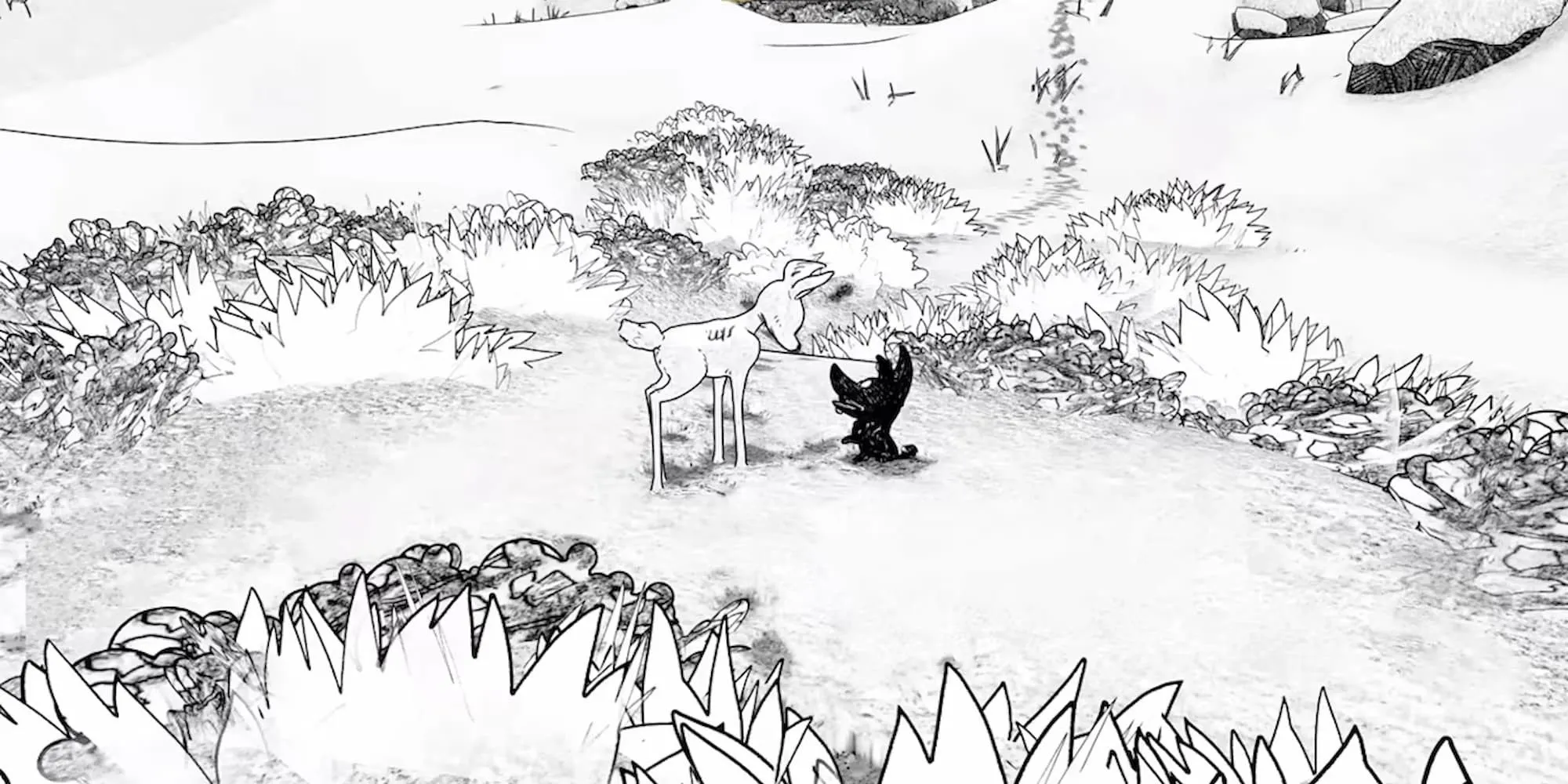 Một chú nai con và một chú chó con gặp nhau trong thế giới đen trắng của Blanc