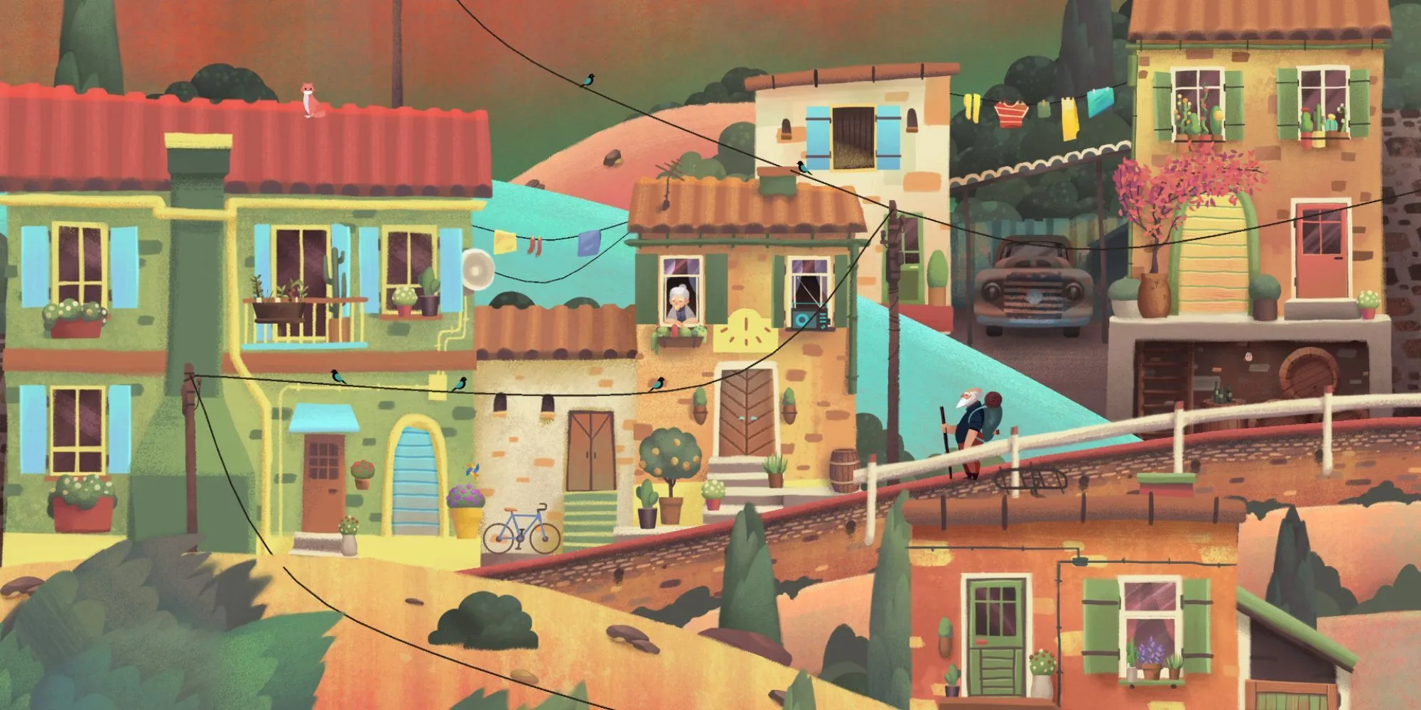 Một ông lão đang đi bộ trên con đường đầy màu sắc, phong cảnh thay đổi phía sau trong game Old Man's Journey