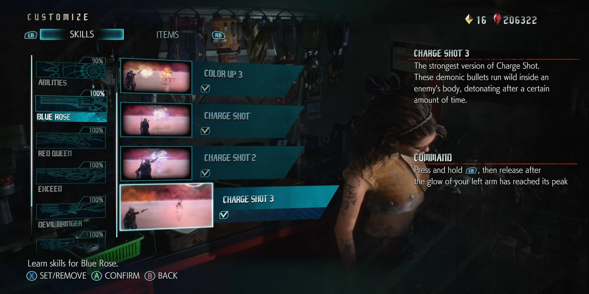 Nero sạc và bắn kỹ năng Charge Shot 3 từ khẩu súng Blue Rose trong Devil May Cry 5