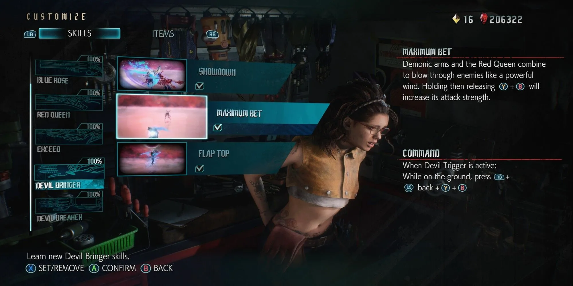Nero trong trạng thái Devil Trigger sử dụng kỹ năng Maximum Bet ném xúc xắc gây sát thương tầm xa trong Devil May Cry 5
