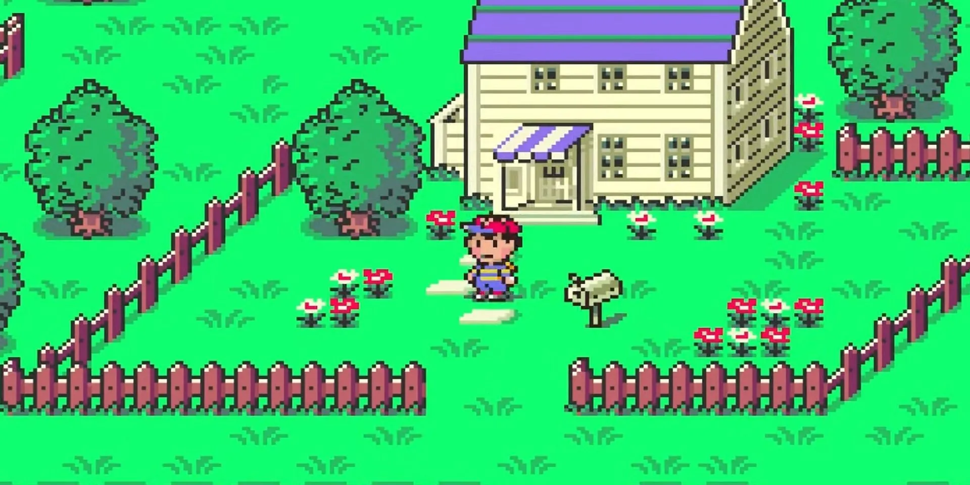 Ness, nhân vật chính của Earthbound, đứng trước căn nhà quen thuộc ở Onett.