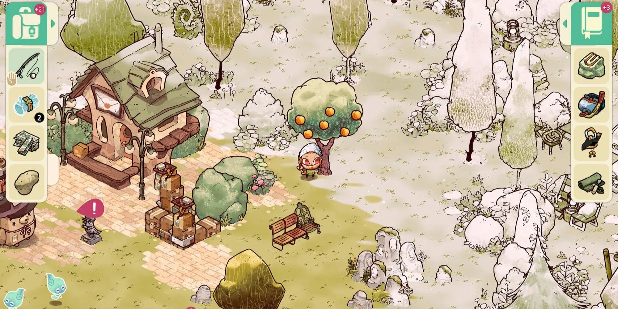 Người chơi đứng cạnh cây cam trong game cozy mô phỏng Cozy Grove