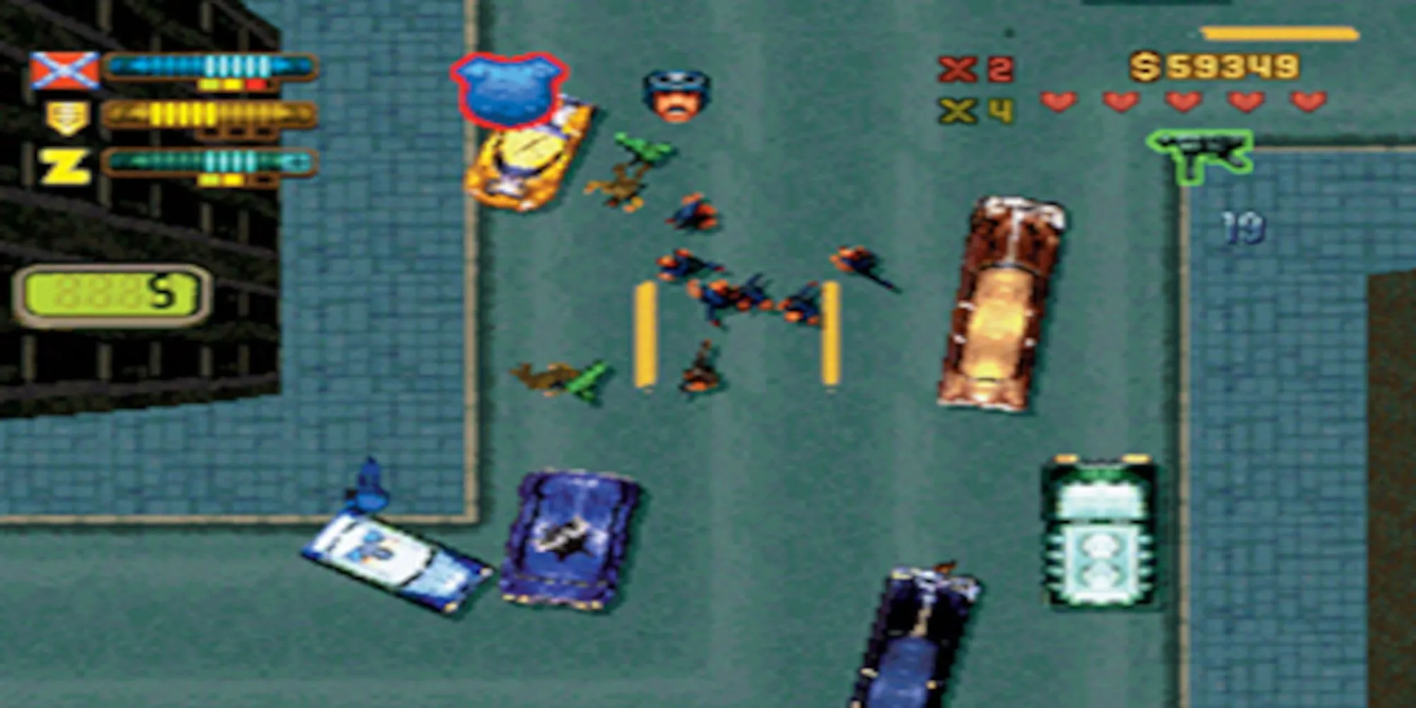 Người chơi Grand Theft Auto II đang giao chiến với cảnh sát trên đường phố