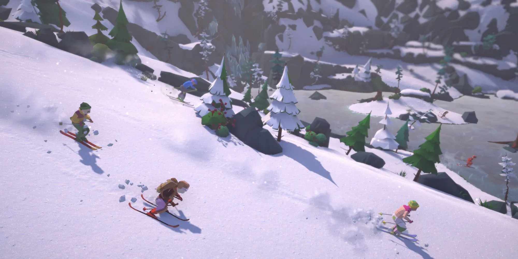 Người chơi trượt tuyết trên đường mòn phủ tuyết trong game Lonely Mountains Snow Riders