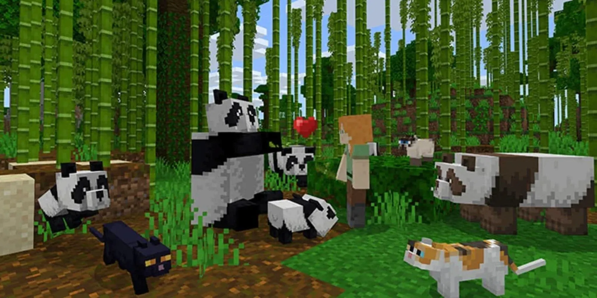 Người chơi tương tác với gấu trúc và mèo trong thế giới game sandbox Minecraft