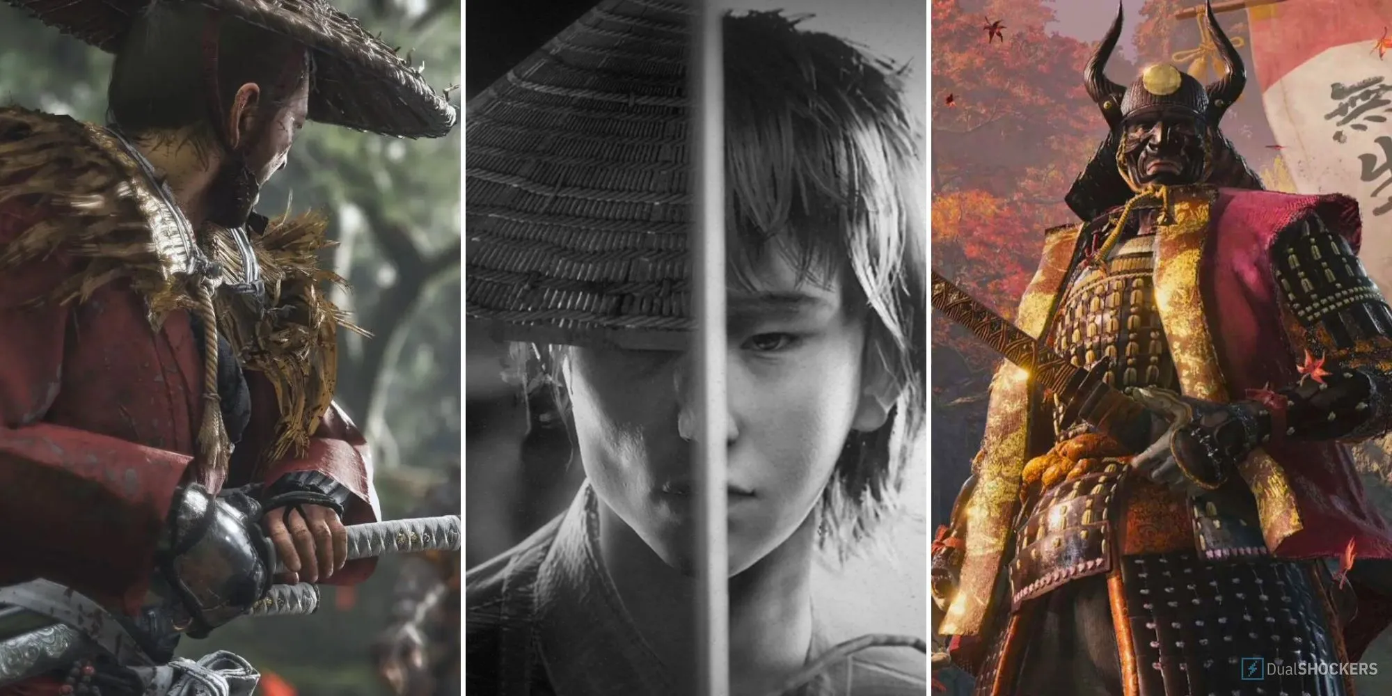 Nhân vật Atsu chiến đấu trong Ghost of Yotei, minh họa cơ chế dùng vũ khí kẻ địch