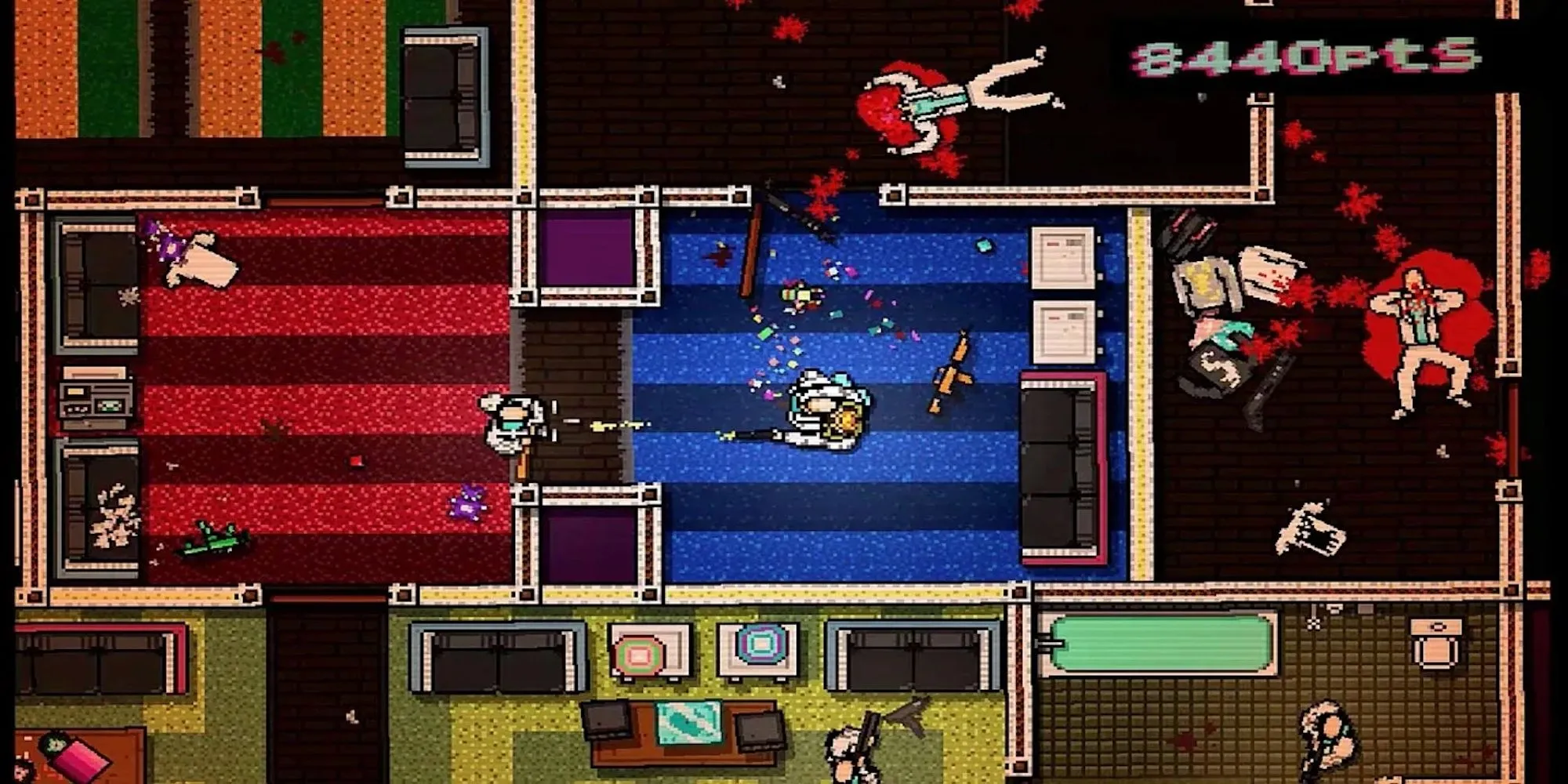 Nhân vật cầm súng trong môi trường đổ máu góc nhìn từ trên xuống của game Hotline Miami