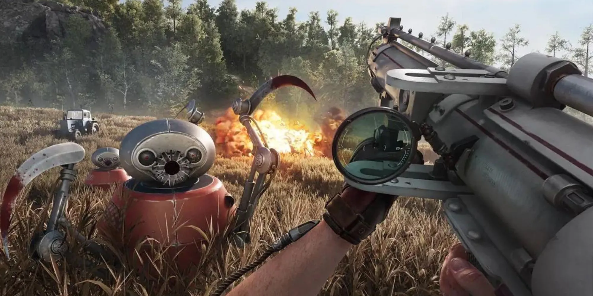 Nhân vật chính chiến đấu với robot nông nghiệp trong game Atomic Heart đầy kịch tính
