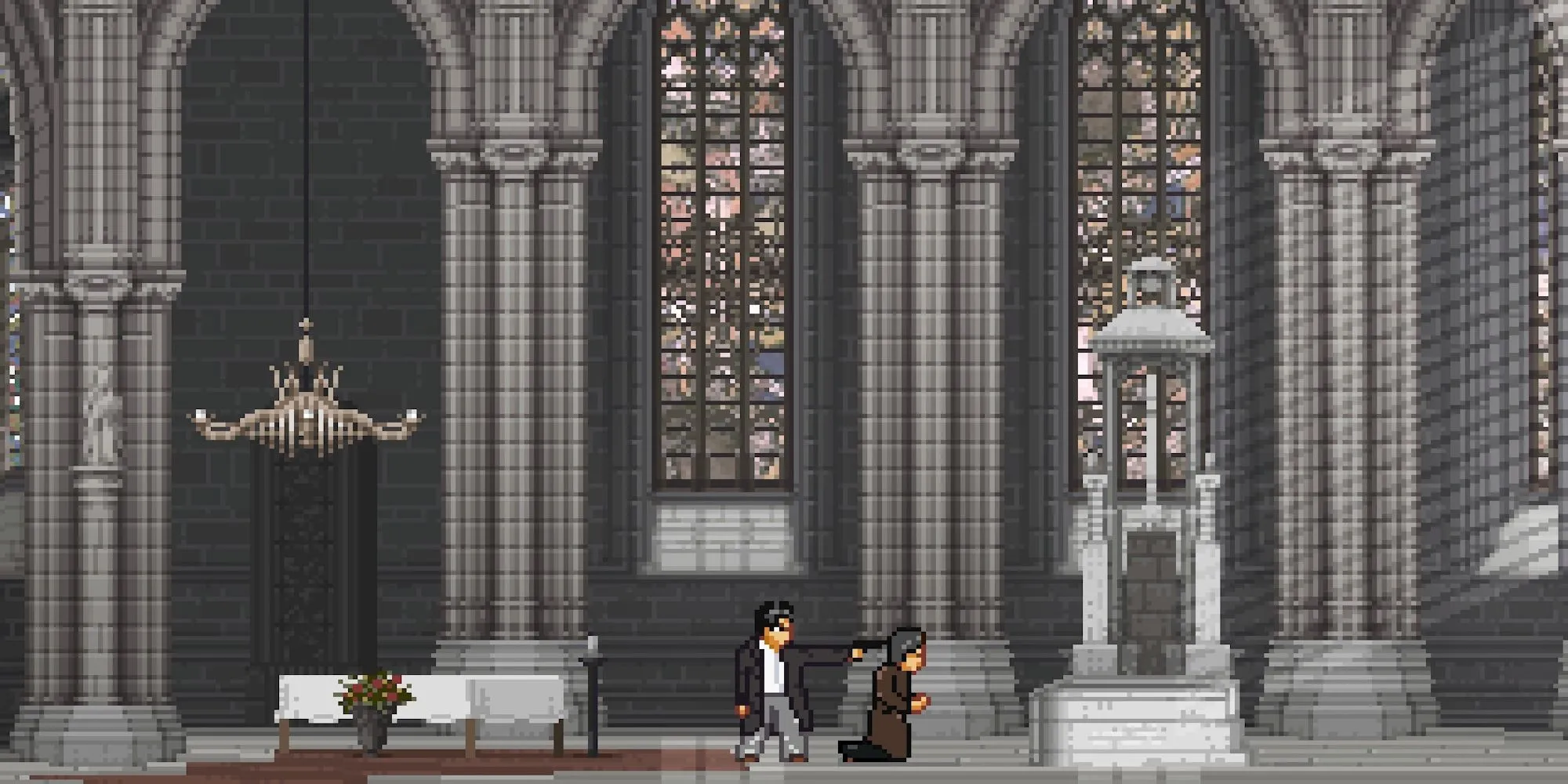 Nhân vật chính game Arrest of a Stone Buddha đấu súng với kẻ địch trong môi trường pixel art