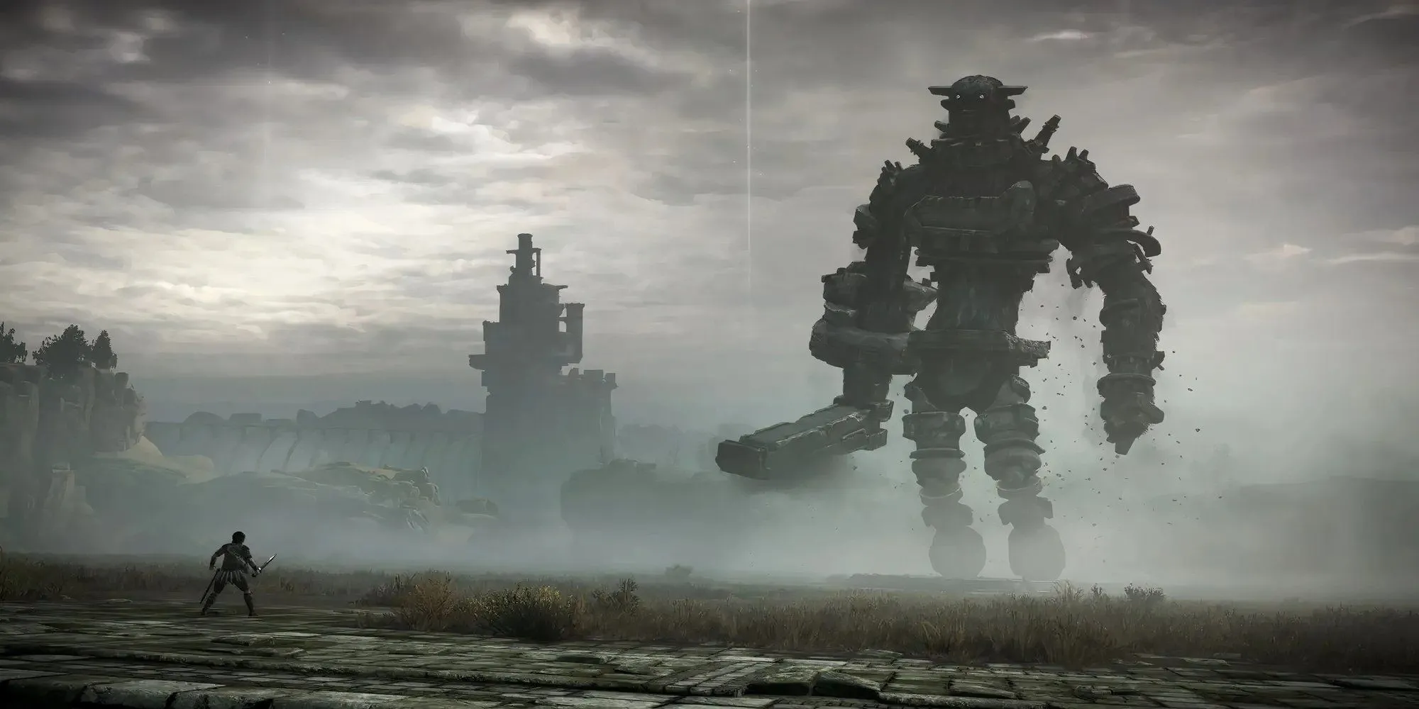 Nhân vật chính Wander đối mặt với một trong những Colossi khổng lồ