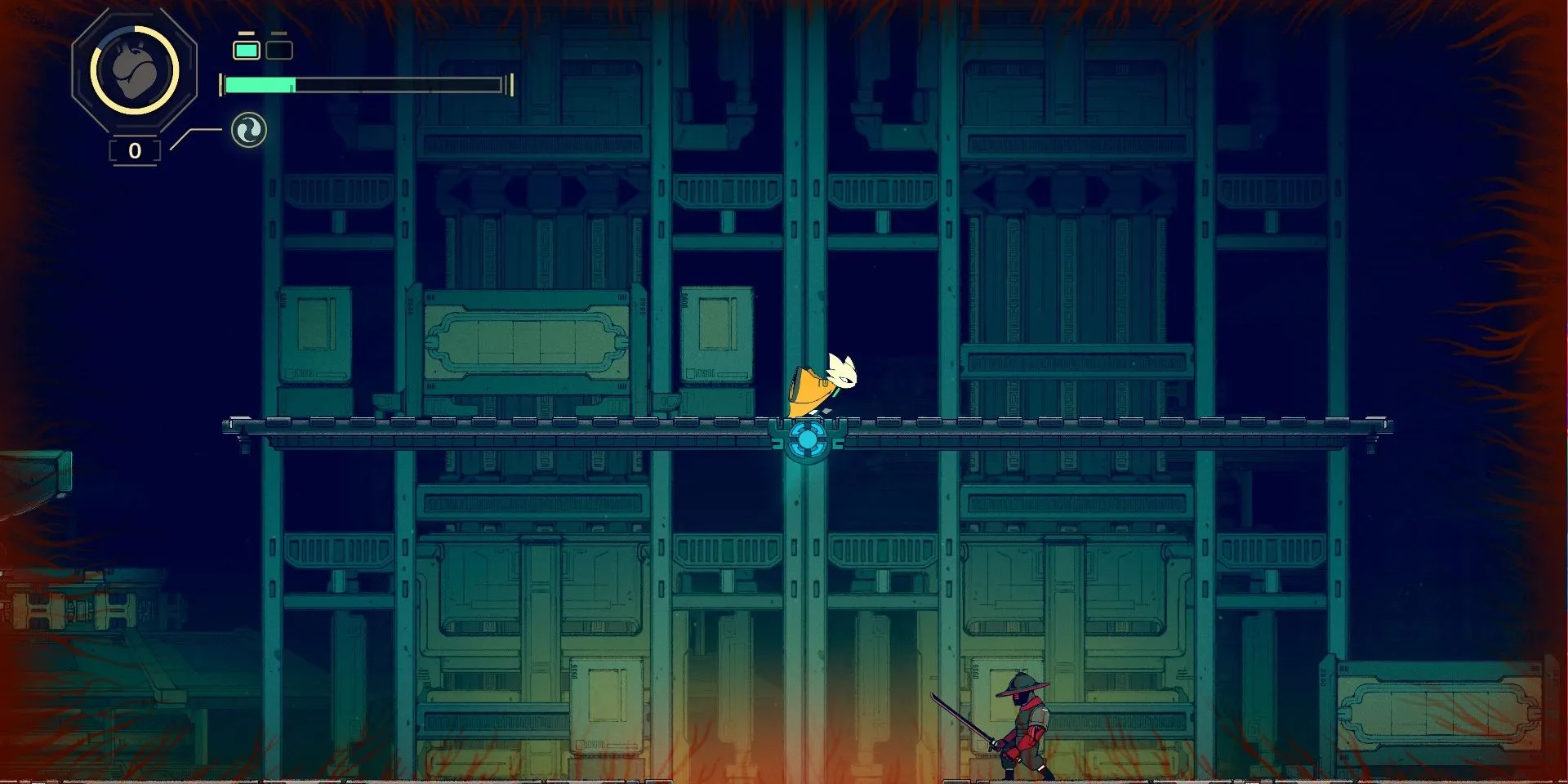 Nhân vật chính Yi sử dụng móc vật để vượt qua địa hình trong game Souls-like Nine Sols