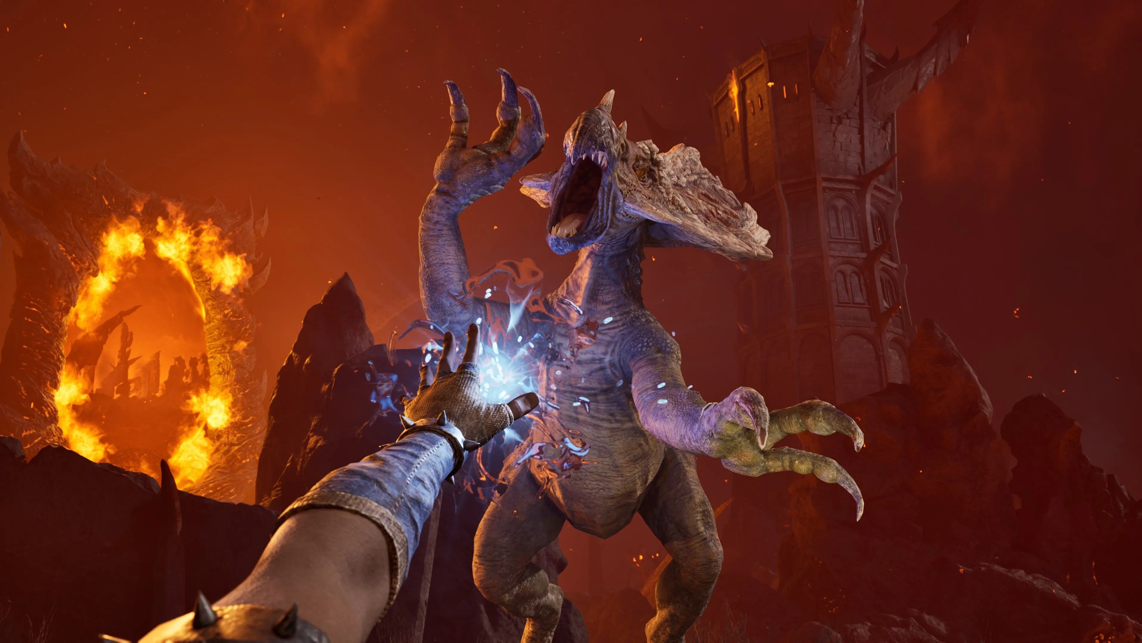 Nhân vật đối mặt với một sinh vật trong hang động trong The Elder Scrolls IV Oblivion Remastered