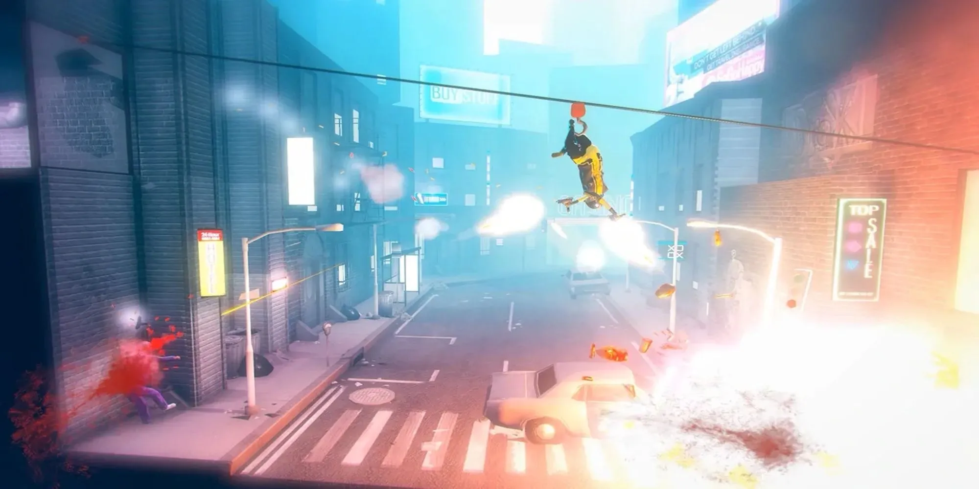 Nhân vật game My Friend Pedro bay giữa không trung đấu súng với hai kẻ địch