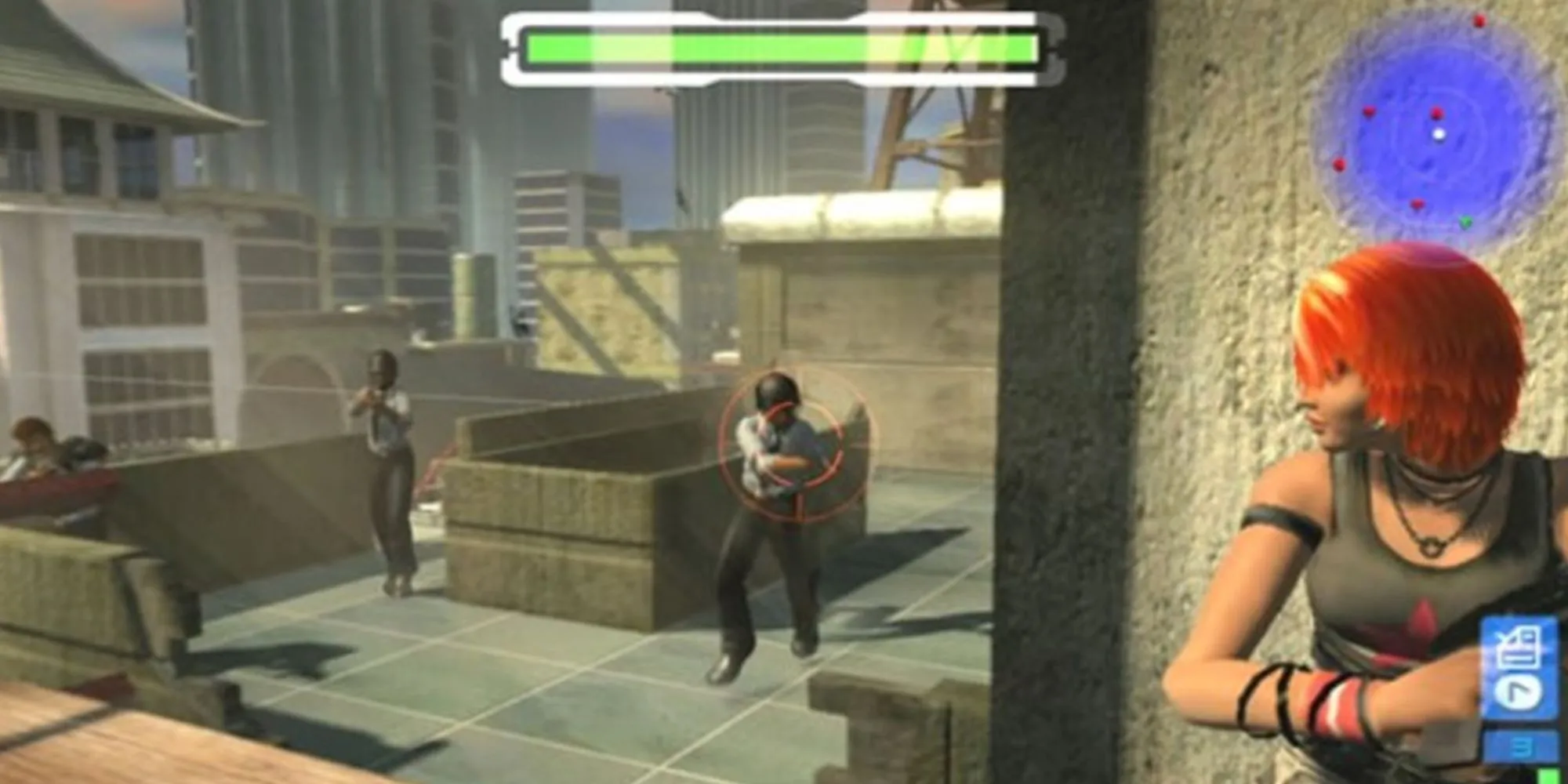 Nhân vật Joanna Dark trong Perfect Dark Zero với vũ khí trên tay, sẵn sàng cho nhiệm vụ trên Xbox 360