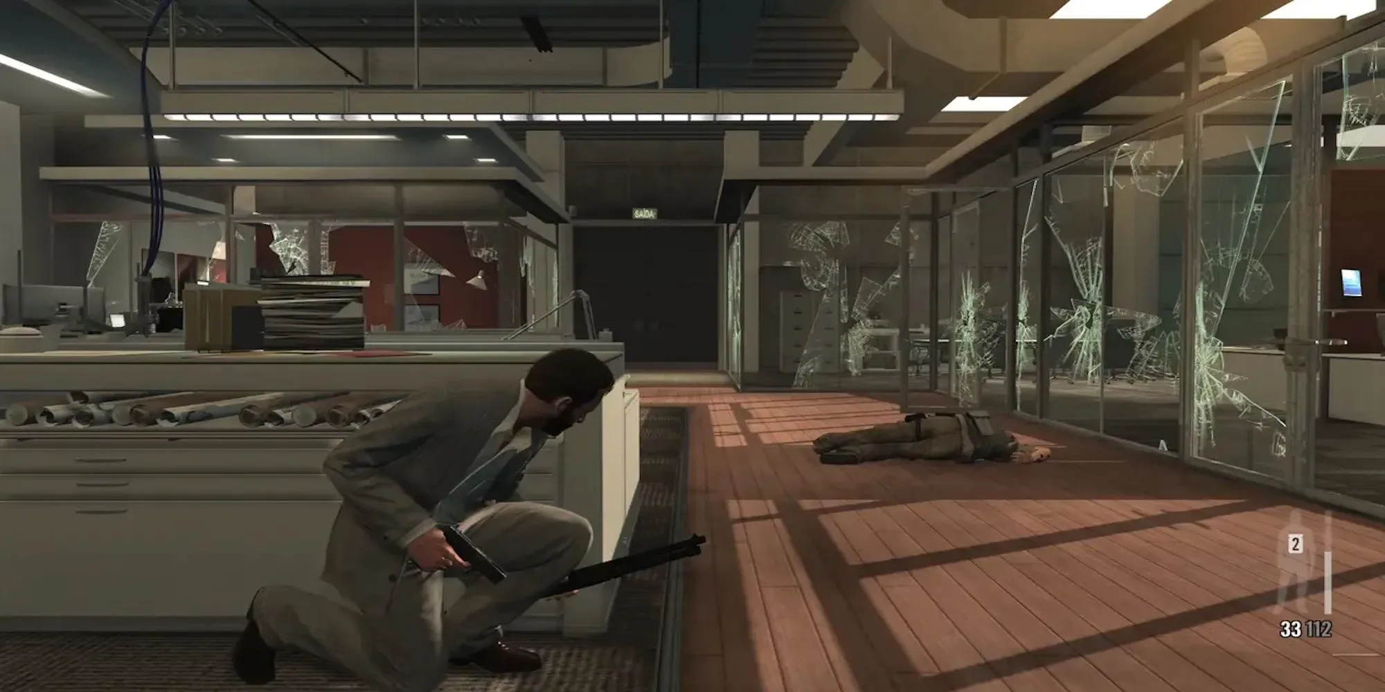 Nhân vật Max Payne bay giữa không trung trong pha làm chậm thời gian của game Max Payne 3