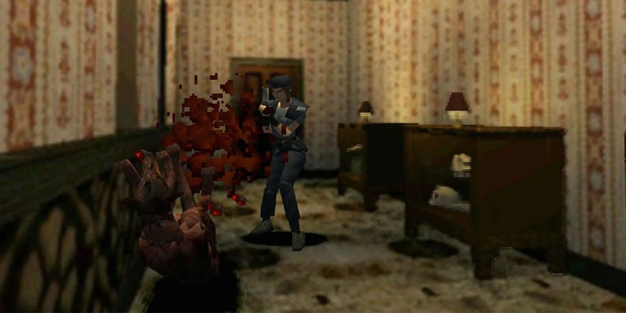 Nhân vật Resident Evil chiến đấu với zombie trong hành lang
