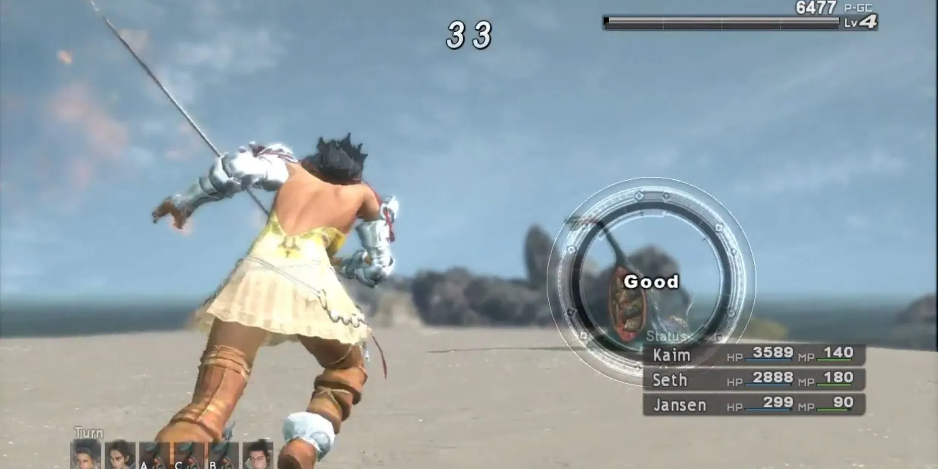 Nhân vật Seth tấn công quái vật trong Lost Odyssey, minh họa hệ thống chiến đấu Aim Ring