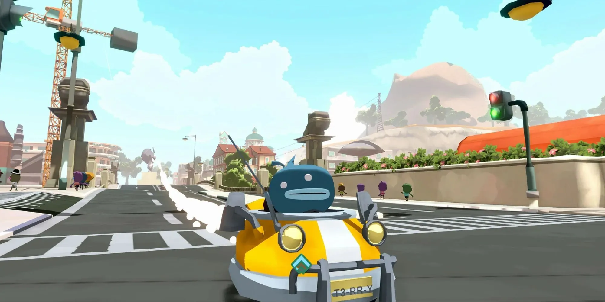 Nhân vật Terry màu xanh đứng cạnh chiếc taxi trong game Tiny Terry's Turbo Trip