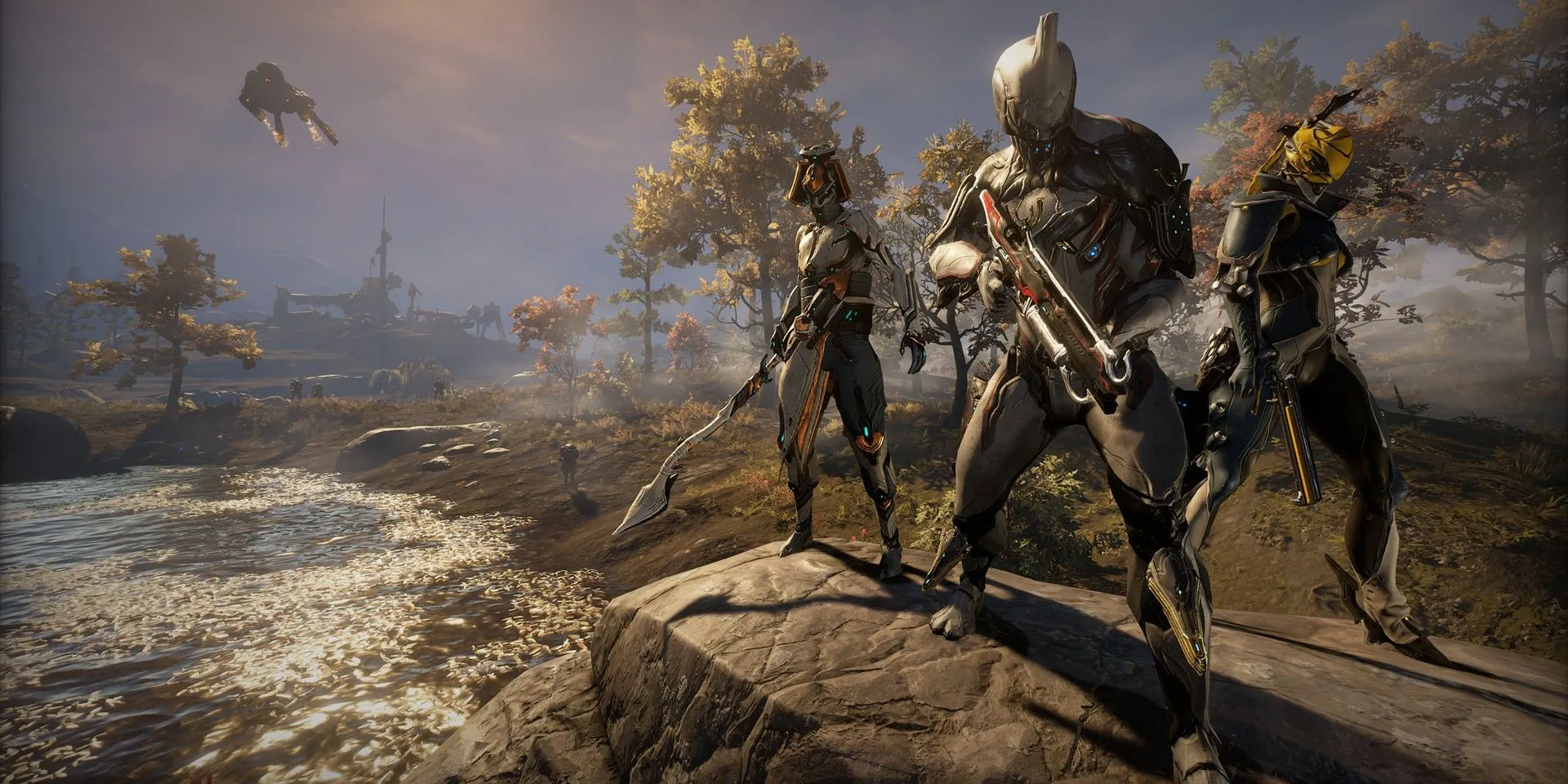 Nhóm Tenno cùng nhau chiến đấu trong Warframe, thể hiện lối chơi hành động nhanh và sử dụng nhiều loại vũ khí