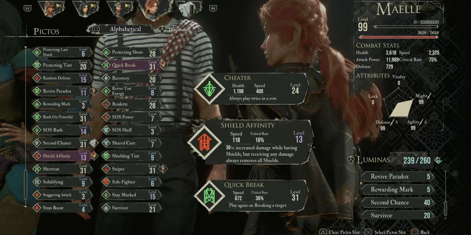 Picto Shield Affinity tăng sát thương khi nhân vật có khiên trong game