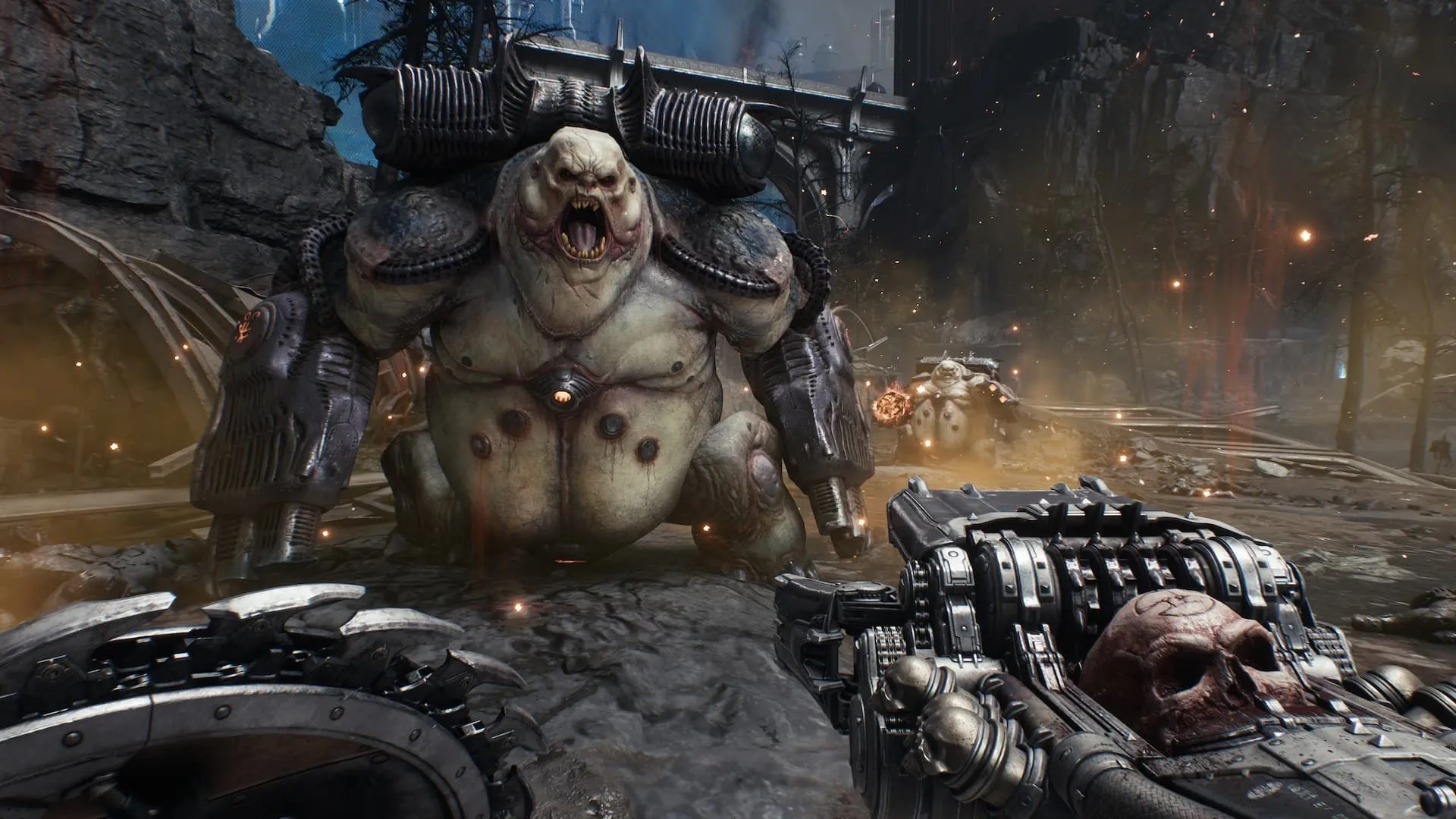 Quái vật Mancubus khổng lồ trong game FPS DOOM The Dark Ages đang tiến tới, thể hiện độ khốc liệt của cuộc chiến