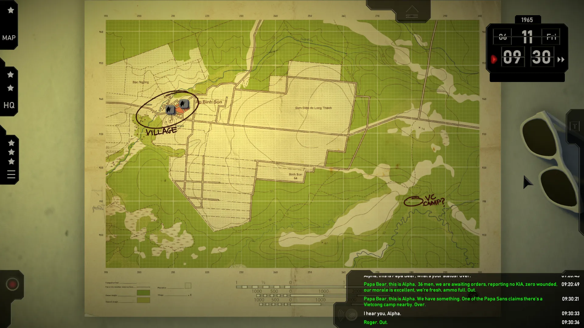 Radio Commander game interface with map and radio