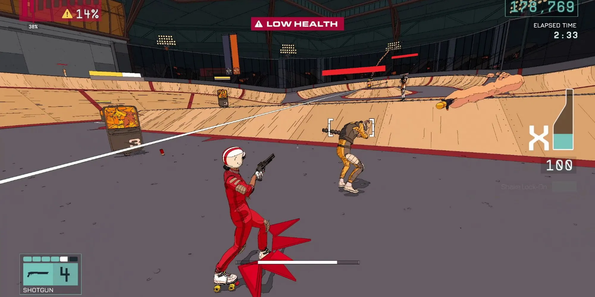 Rollerdrome gameplay image showing the character performing tricks and shooting enemies in an arena