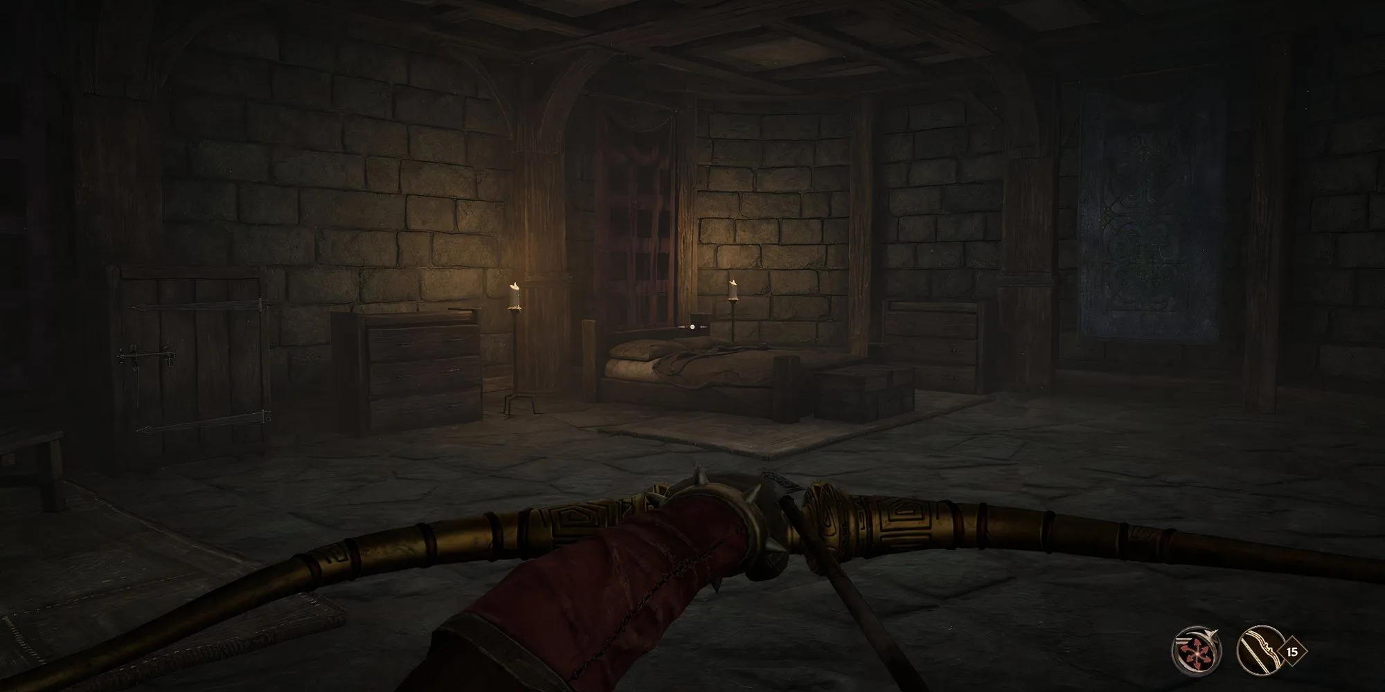 Rufio đang ngủ say trên giường ở tầng hầm Inn of Ill Omen trong Oblivion Remastered