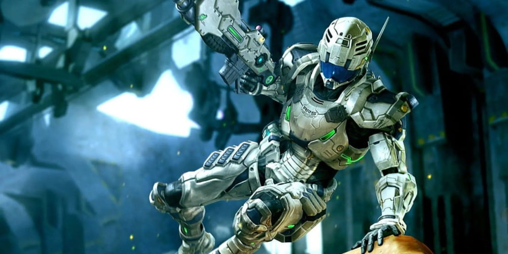 Sam Gideon lướt và nhảy cao trong bộ giáp ARS của game Vanquish