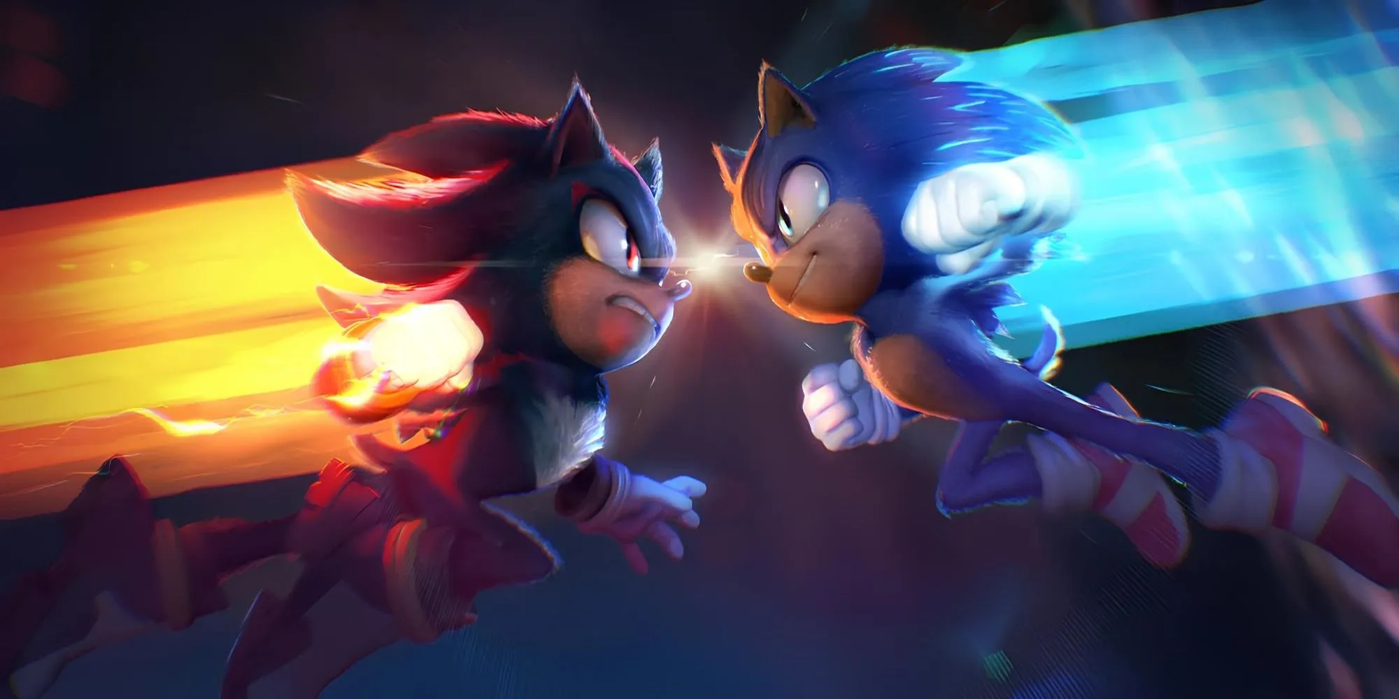 Shadow và Sonic trong một trận chiến từ Sonic the Hedgehog 3, nền tối làm nổi bật hai nhân vật