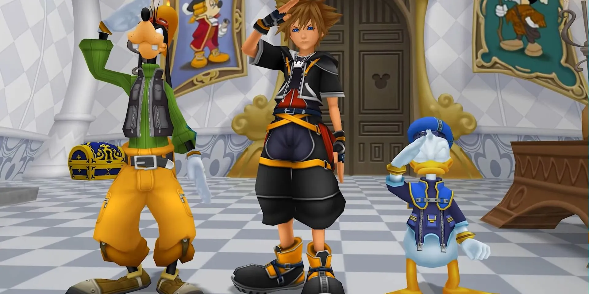 Sora và các nhân vật Disney tại lâu đài trong game Kingdom Hearts 2