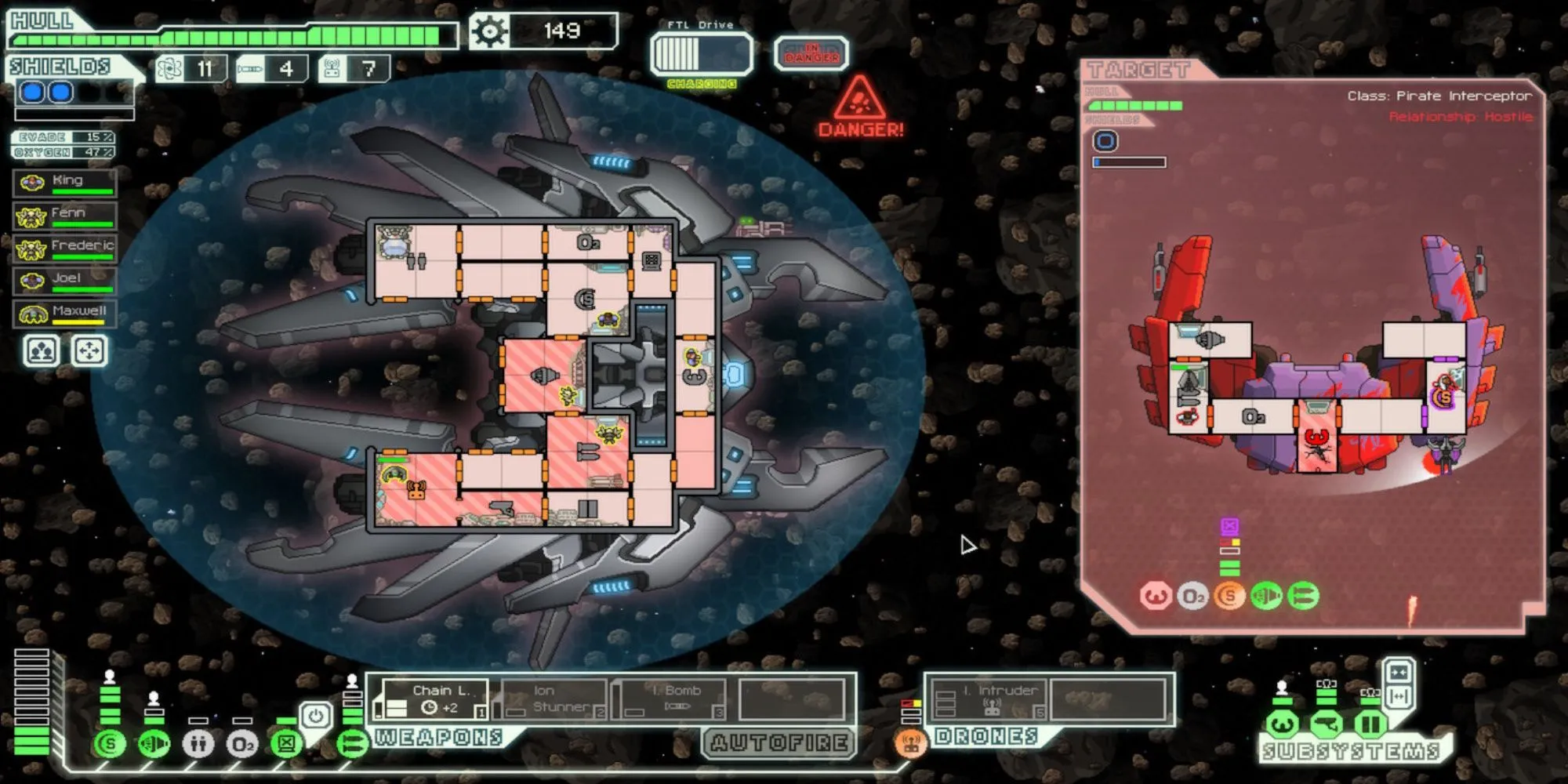 Tàu vũ trụ đang bay trong không gian với giao diện game FTL Faster Than Light