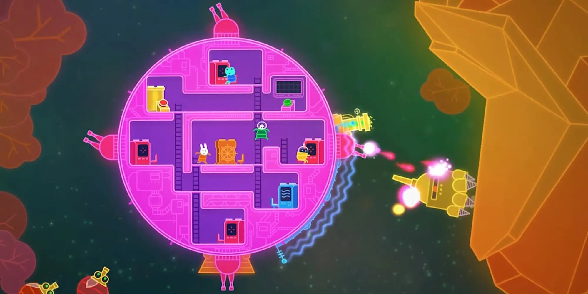 Tàu vũ trụ đầy màu sắc trong Lovers in a Dangerous Spacetime với các buồng điều khiển