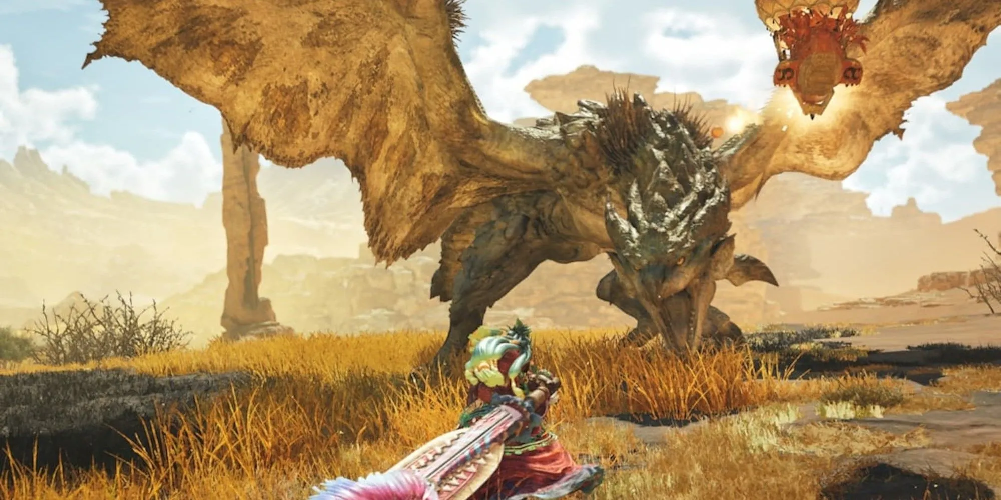 Thợ săn đối đầu với quái vật khổng lồ trong Monster Hunter Wilds, thể hiện lối chơi săn quái vật đặc trưng