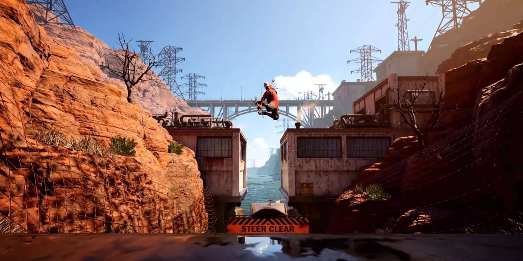 Tony Hawk Pro Skater 1+2 screenshot showing a skater performing a huge air trick on the Downhill Jam map
