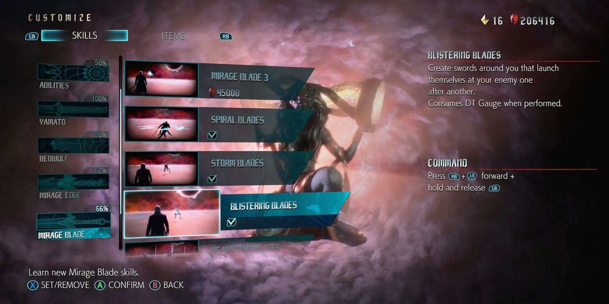 Vergil sử dụng kỹ năng Blistering Blades phóng ra hàng loạt kiếm ảo vào kẻ địch trong Devil May Cry 5